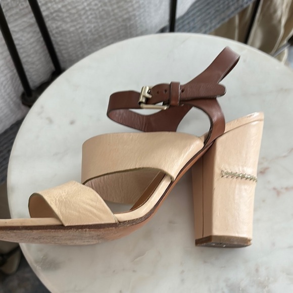 Cream and Brown Block Heel Sandals with Textured Strap - Picture 1 of 6